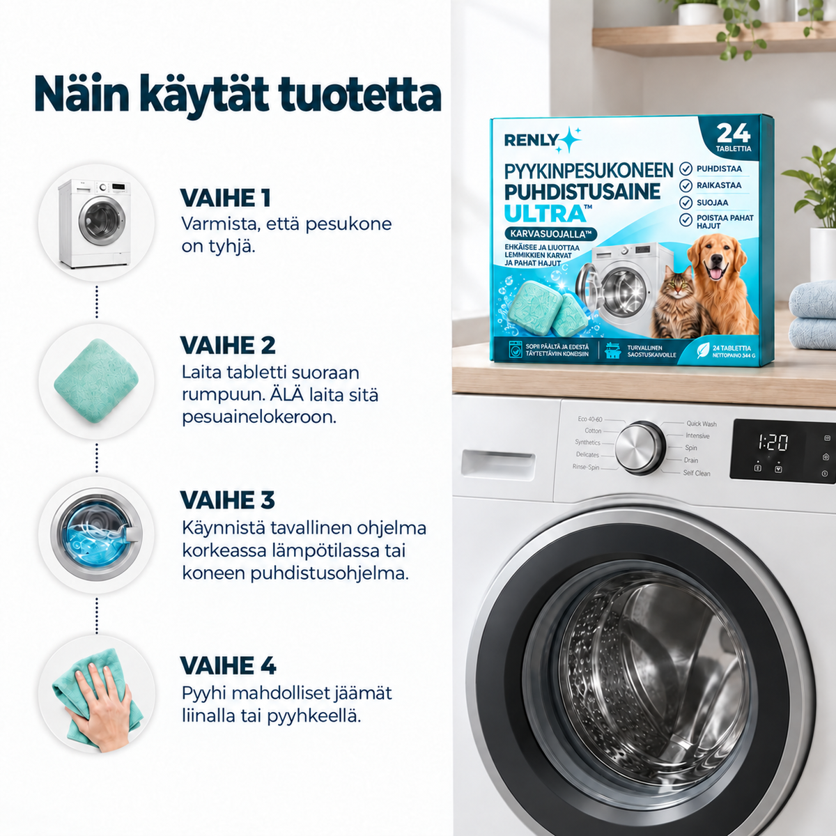 Renly Pron käyttö pesukoneessa
